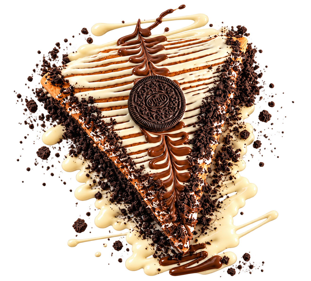 Cookies and cream triangular crêpe with white and milk chocolate decoration