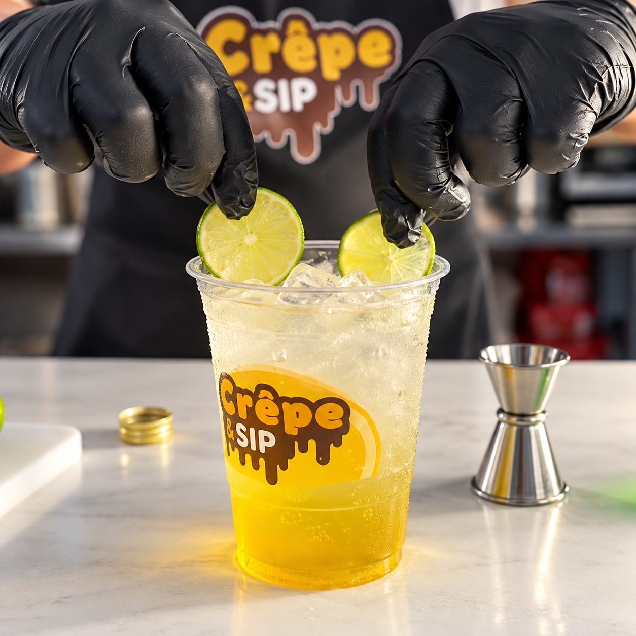 Crêpe & Sip team member in branded apron placing lime garnishes on an iced yellow refresher